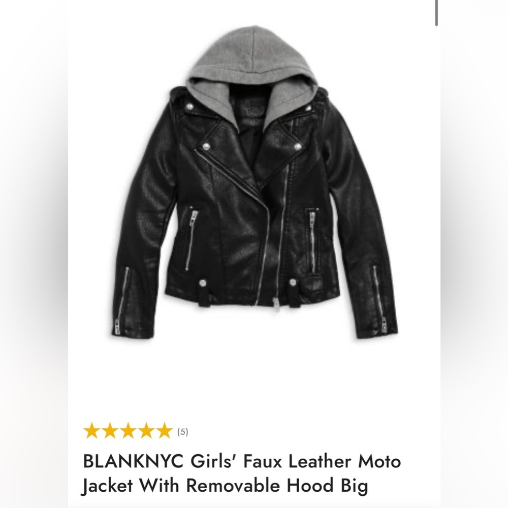 Blank NYC Black Faux Leather Moto Jacket with Gray Hood